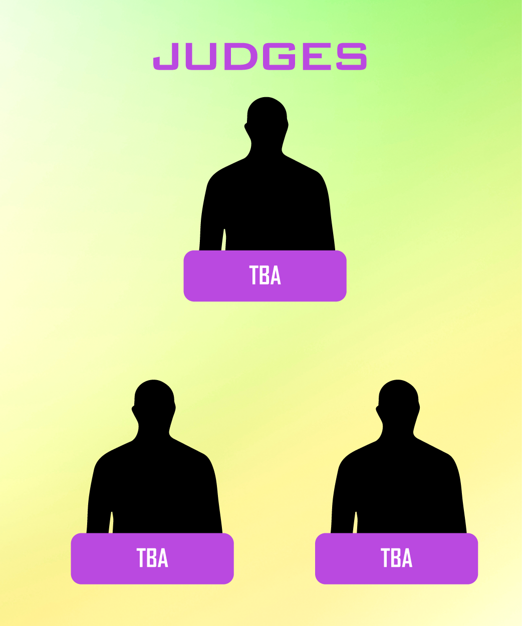 Three silhouettes of men with purple buttons that say judges
