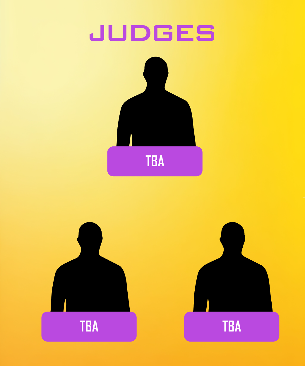 Three judges are shown on a yellow background
