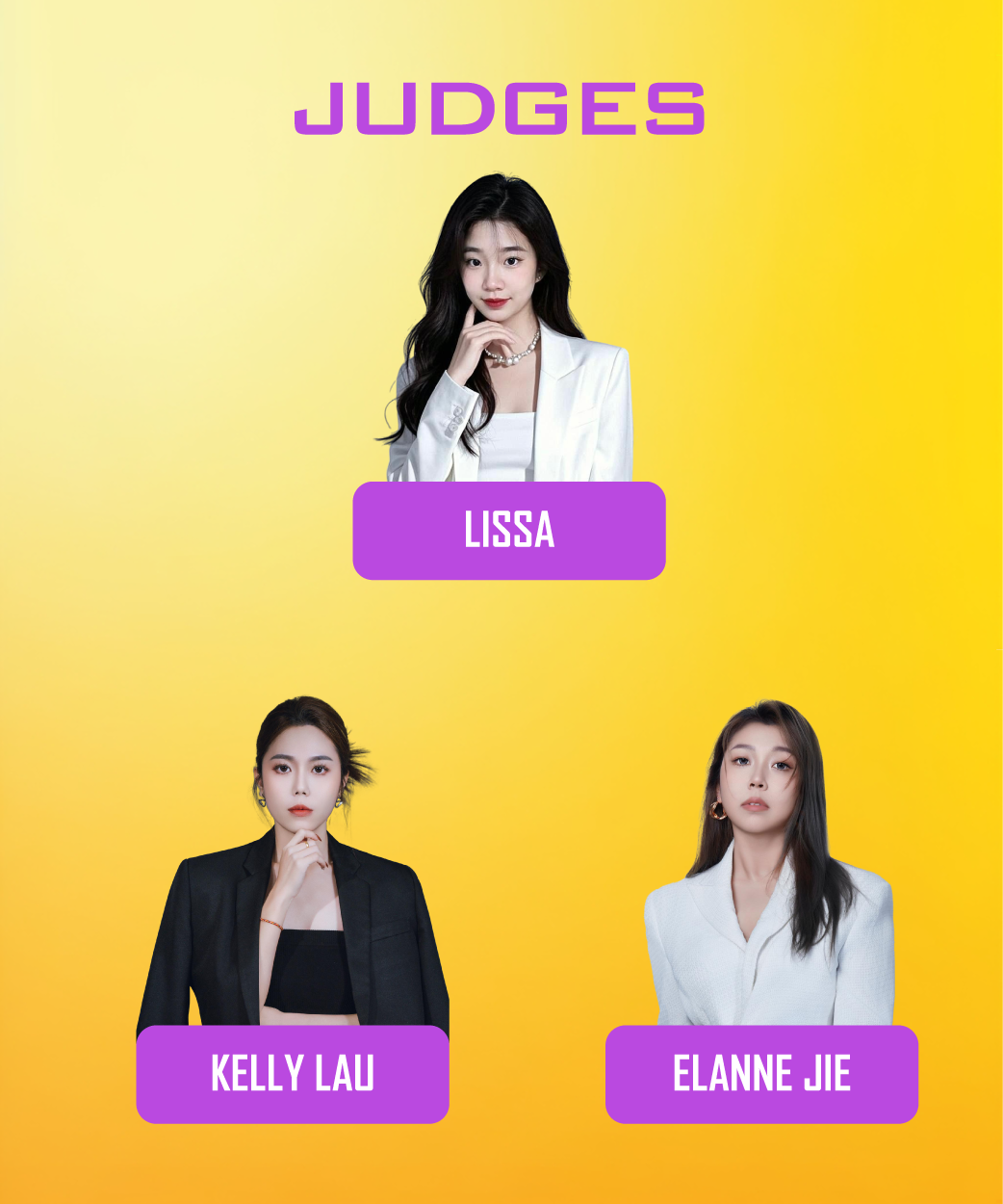 Three judges are shown on a yellow background