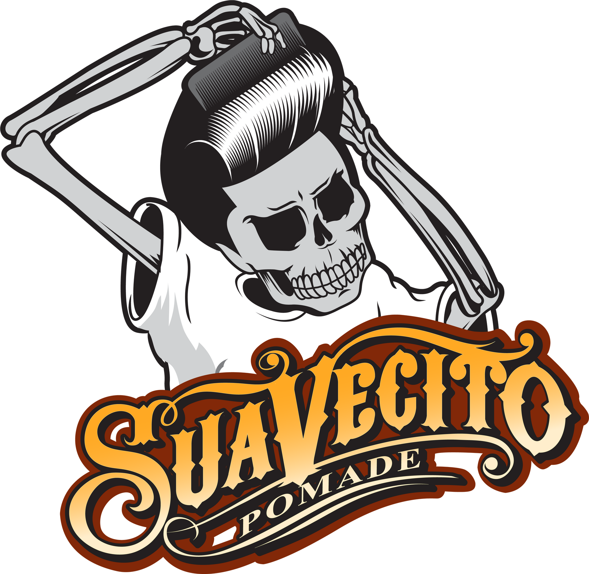 A logo for suavecito pomade with a skeleton holding a brush