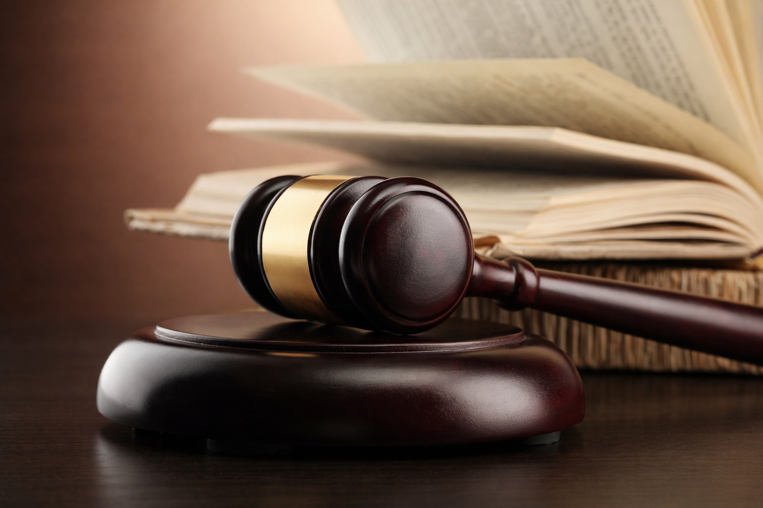 Martelletto appoggiato su un blocco di legno davanti a un libro aperto.