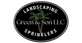 Black oval logo for Green & Son LLC landscaping and sprinklers with palm trees and white text