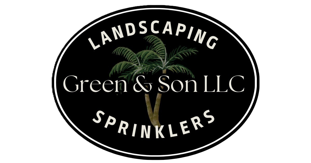 Black oval logo for Green & Son LLC landscaping and sprinklers with palm trees and white text