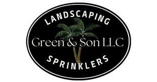 Black oval logo for Green & Son LLC landscaping and sprinklers with palm trees and white text