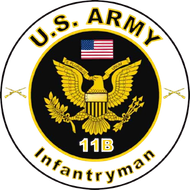 U.S. Army 11B Infantryman emblem with eagle, U.S. flag, and gold text on a white circular seal