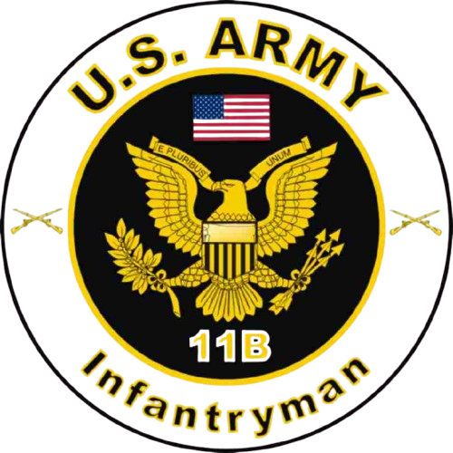 U.S. Army 11B Infantryman emblem with eagle, U.S. flag, and gold text on a white circular seal