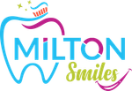 The logo for milton smiles shows a tooth with a toothbrush on it.