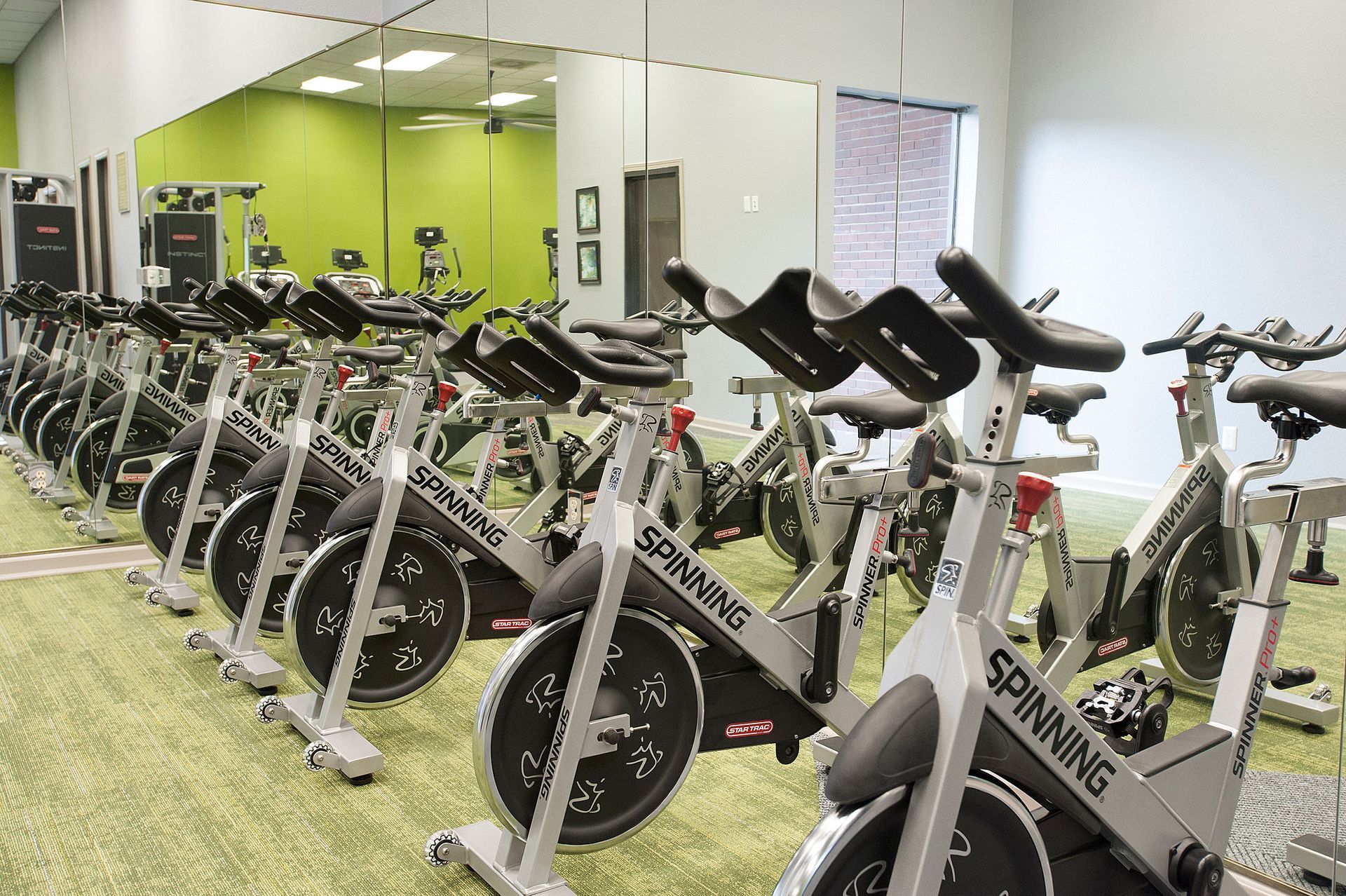 Row of spin bikes in a modern gym with mirrored wall.