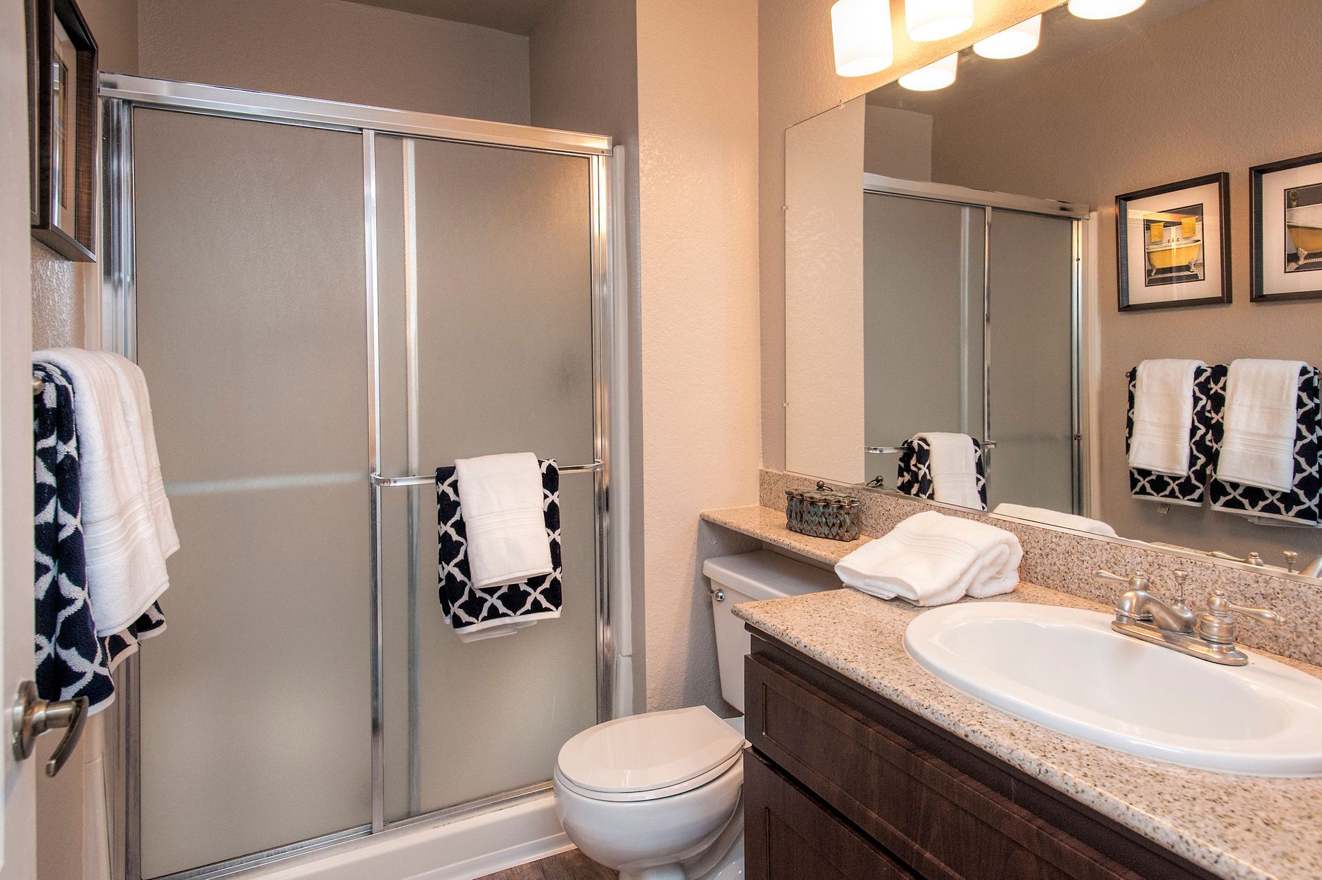 Bathroom with a frosted sliding shower door, granite vanity, toilet, and towel bar.