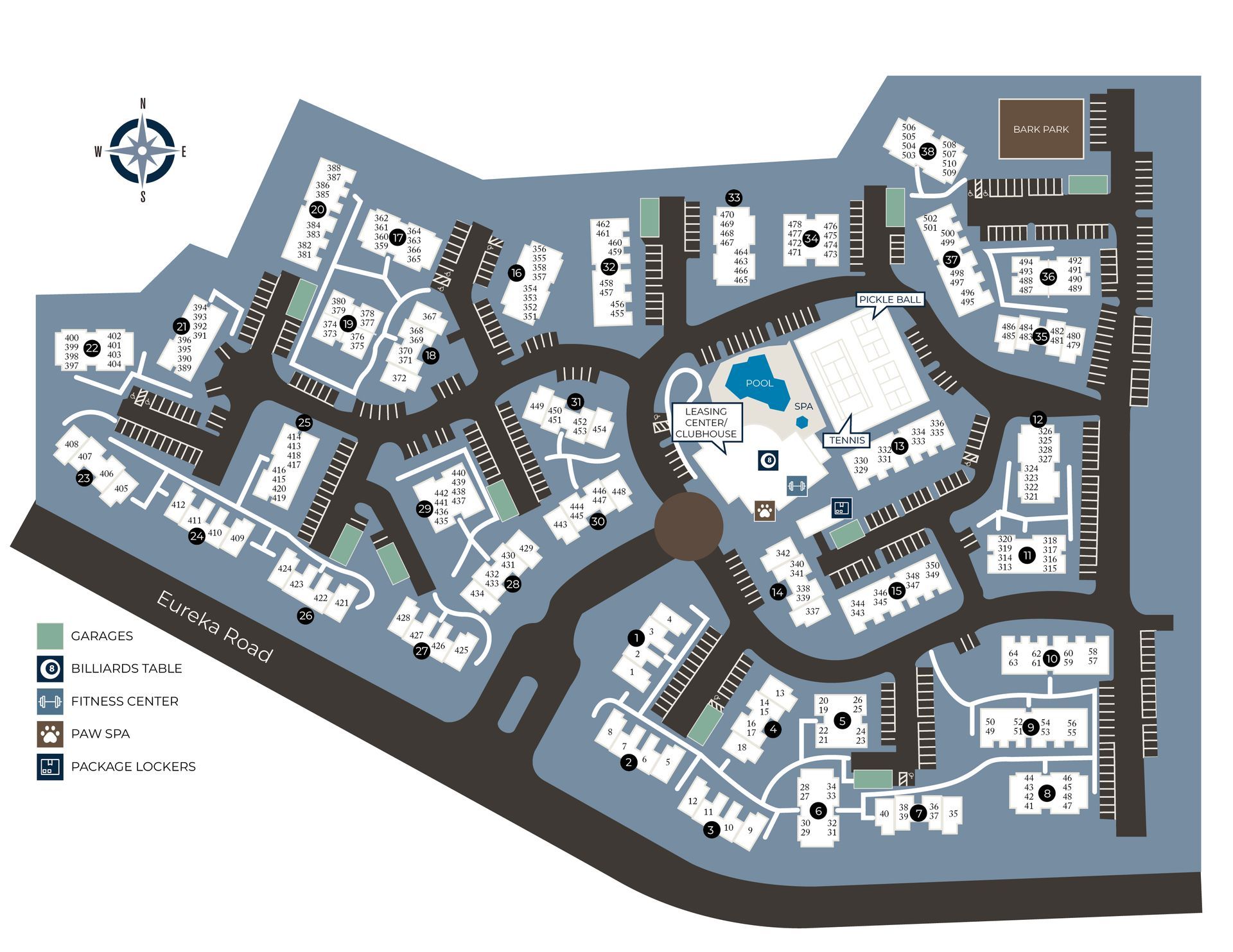 Apartment complex map with labeled buildings, roads, and amenities like a pool and fitness center.