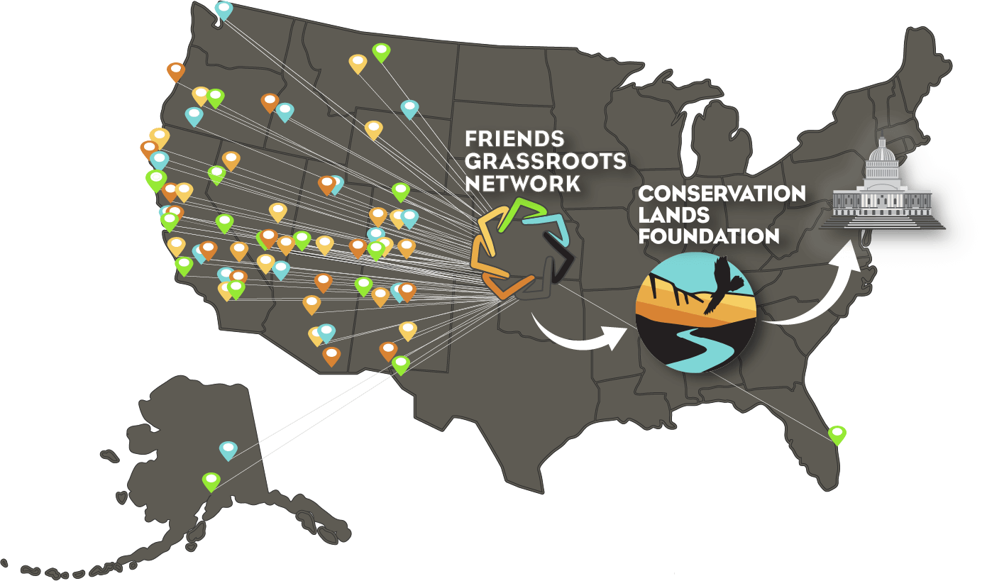 A map of the united states showing the friends grassroots network and the conservation lands foundation