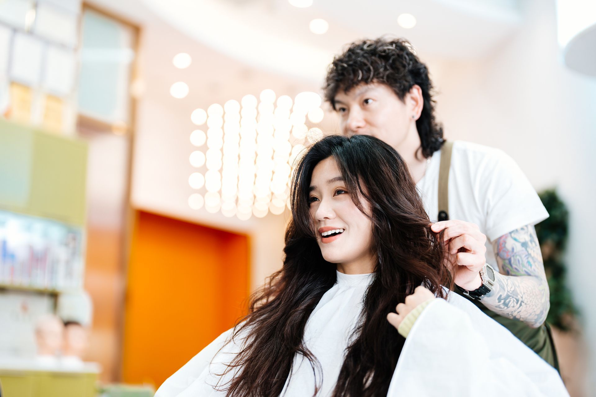 A woman is excited with her new look. A woman is excited with her new look.