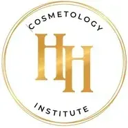 The logo for the cosmetology institute is a gold and white circle with the letter h on it.