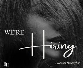 A black and white photo of a woman with the words `` we 're hiring licensed hairstylist ''
