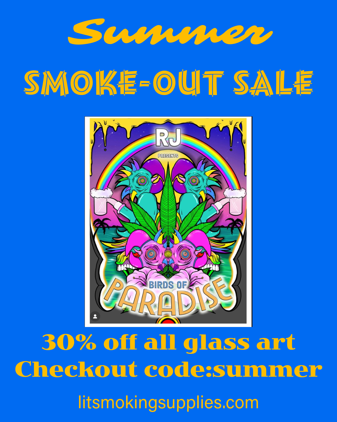 Summer smoke out sale ad for 30% off american glass art