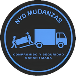 Logo for NYD Mudanzas, blue and black, two people loading a truck with furniture. 