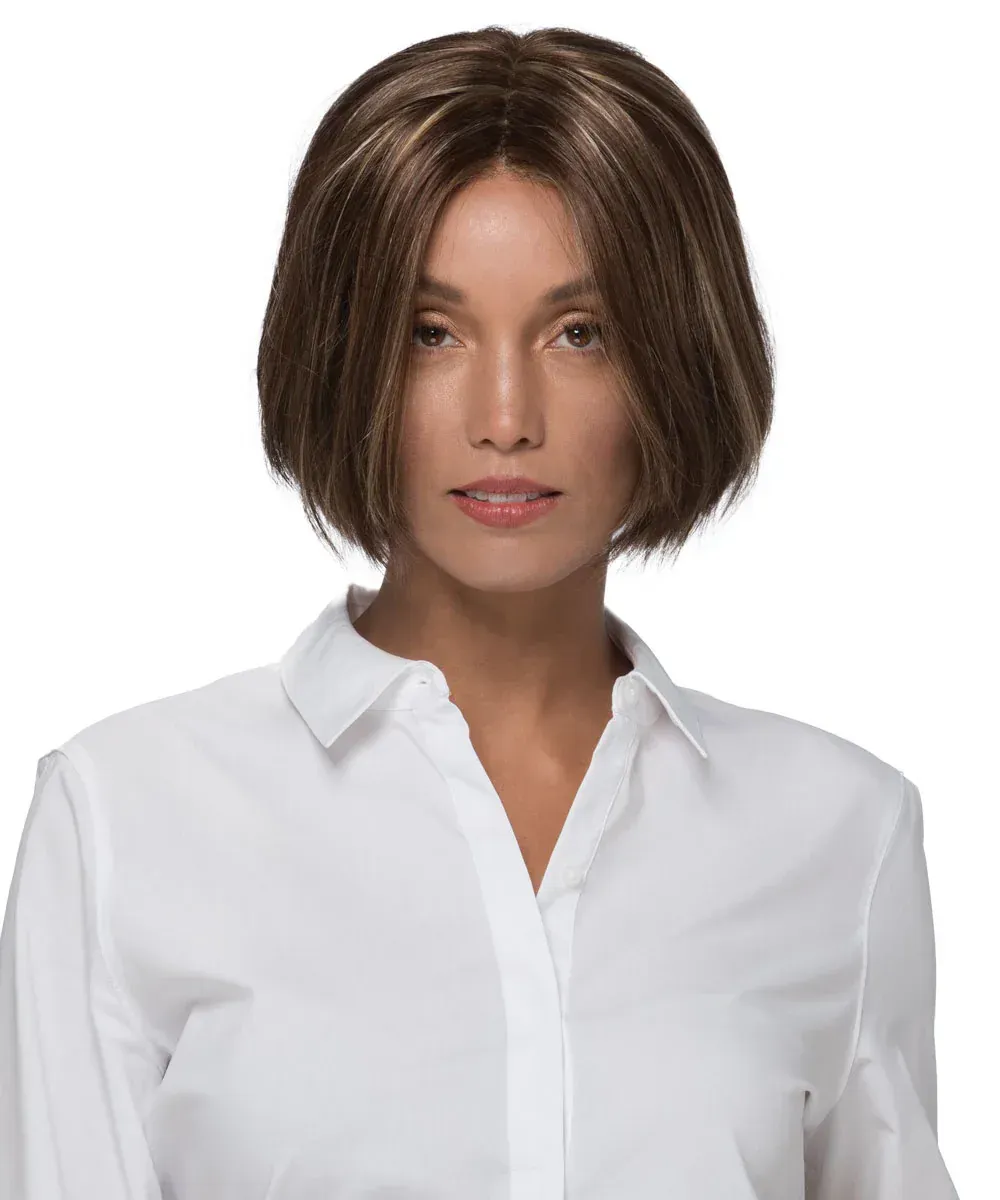 A woman wearing a wig and a white shirt.