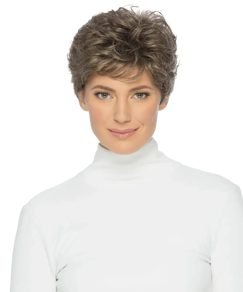 A woman wearing a wig and a white turtleneck