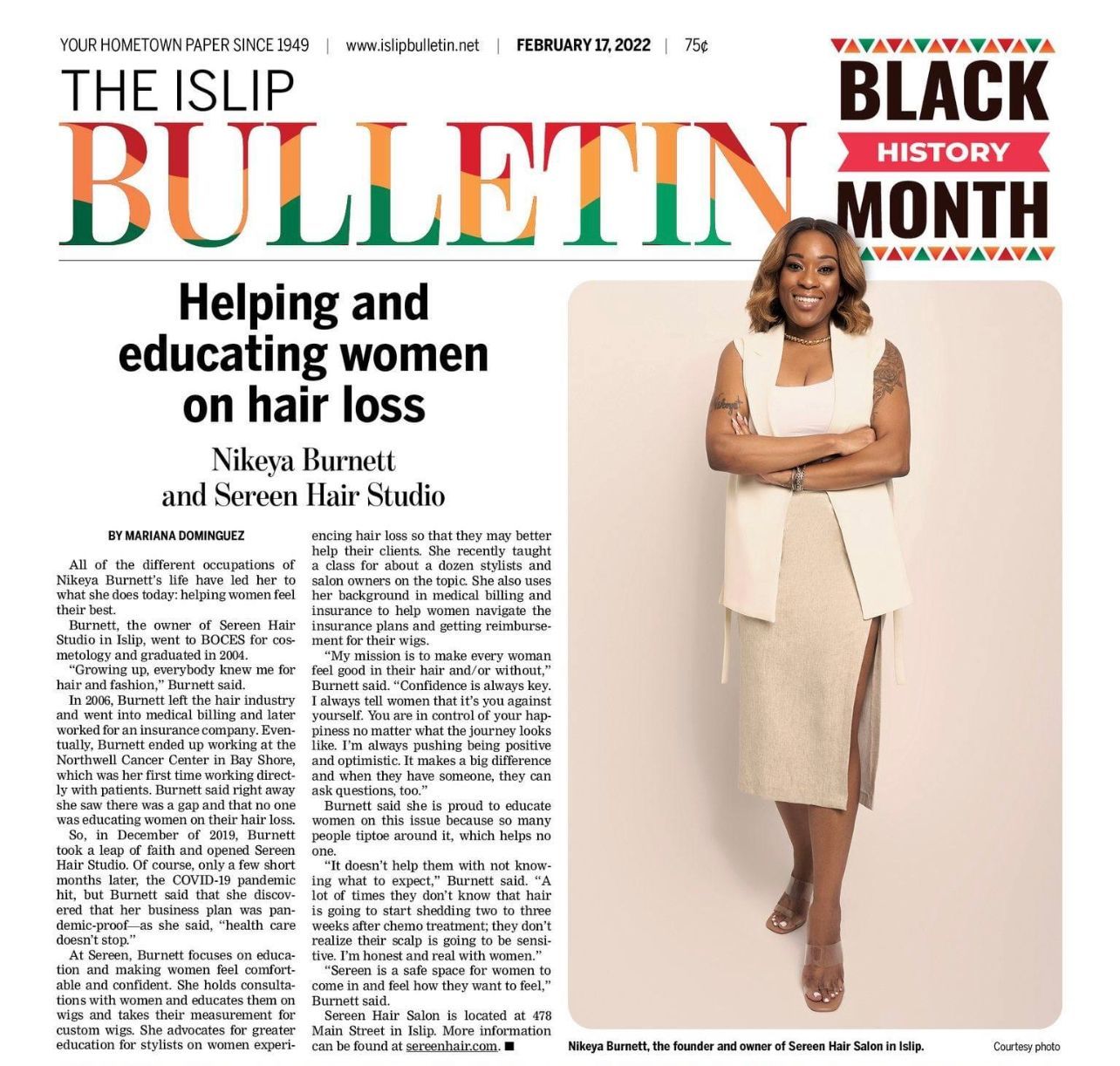 A newspaper article about helping and educating women on hair loss