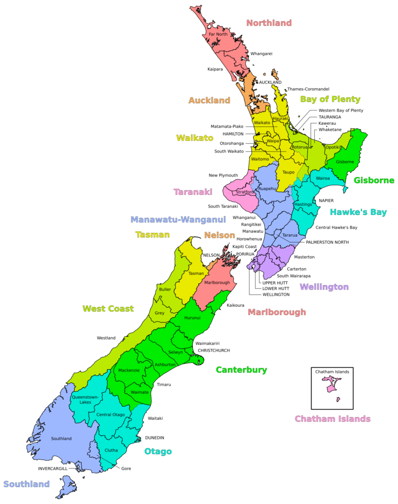A map of new zealand showing the various provinces
