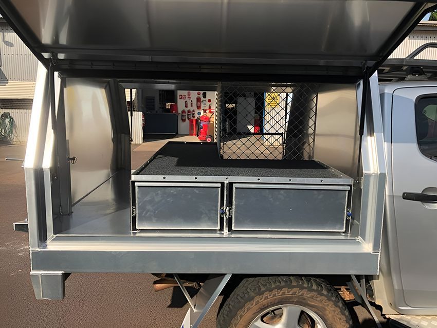 A Silver Truck with a Canopy and Drawers Inside of It — Allycraft Modifications in Berrimah, NT