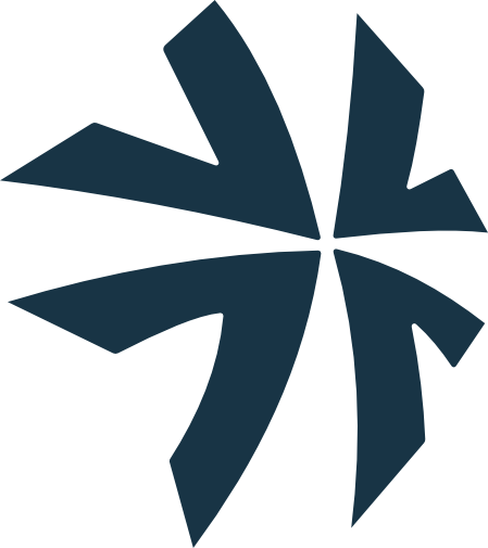 A dark blue graphic symbol featuring four curved, inward-pointing shapes arranged around a central cross-shaped space.