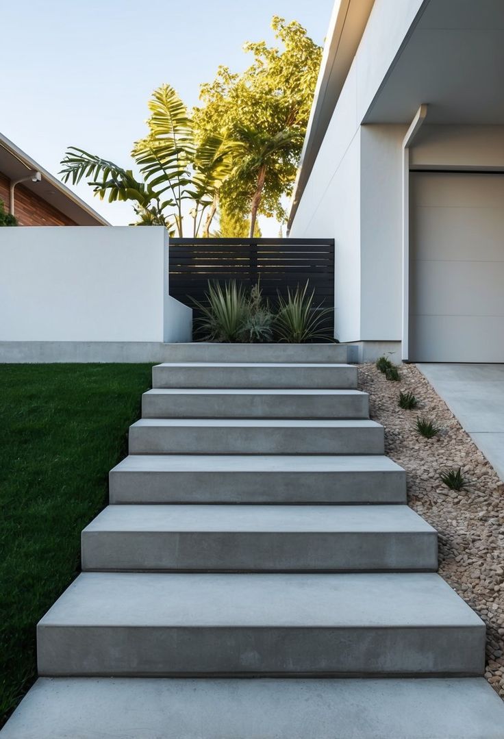 Concrete steps leading up to a white building with a garage, green grass, and small plants.