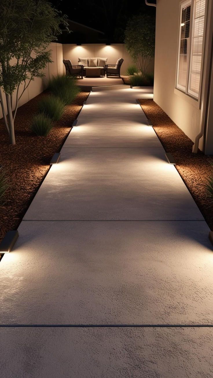 Pathway lit with inset lights leads to a seating area; trees and shrubs border the path, beige building on the right.