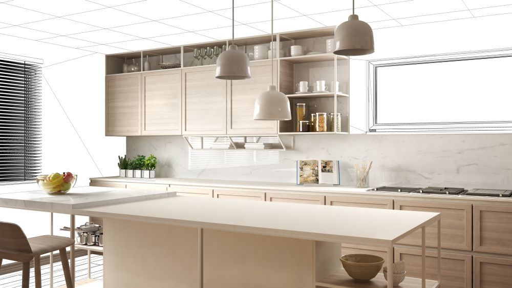 Modern Kitchen With Light Wood Cabinets, Island, and Pendant Lights — Kolora Projects in Palm Beach, QLD