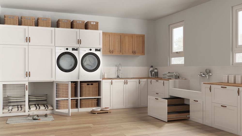 Laundry Room With White Cabinets, Washer/dryer — Kolora Projects in Robina, QLD