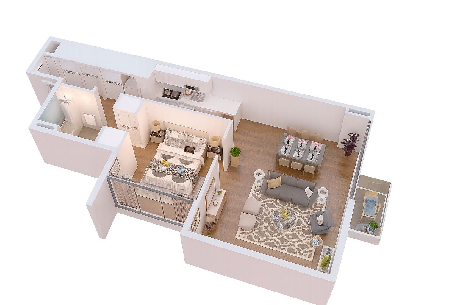 Isometric view of a small apartment: bedroom, bathroom, kitchen, dining area, living room, and balcony.
