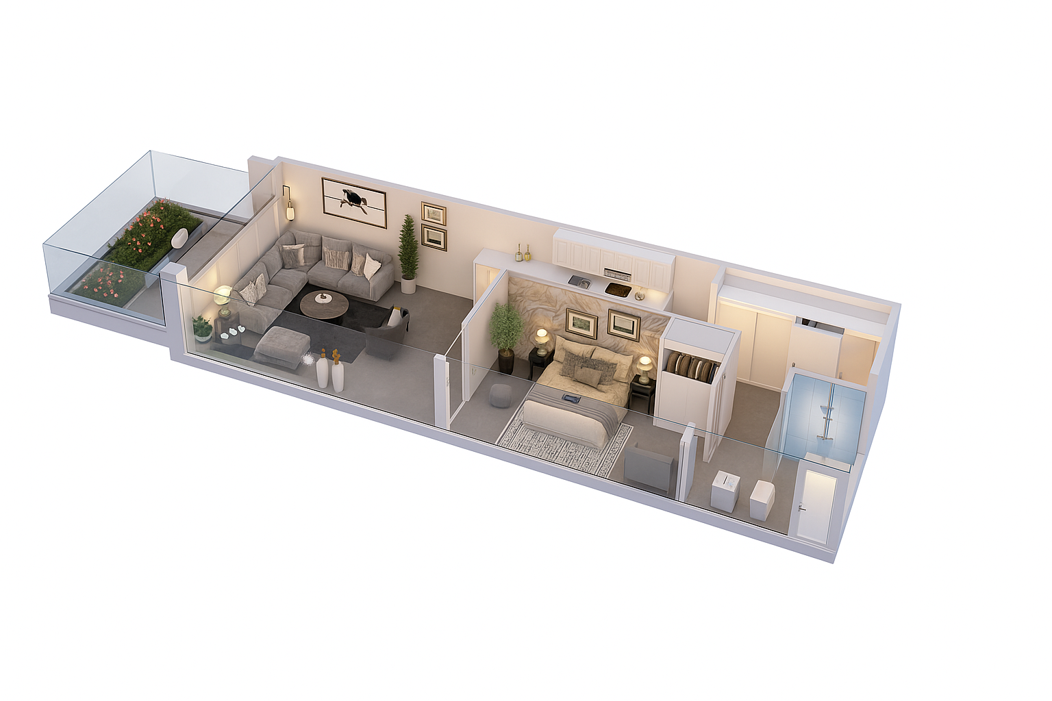 3D rendering of an apartment floor plan, showing living room, kitchen, bedroom, bathroom, and balcony.