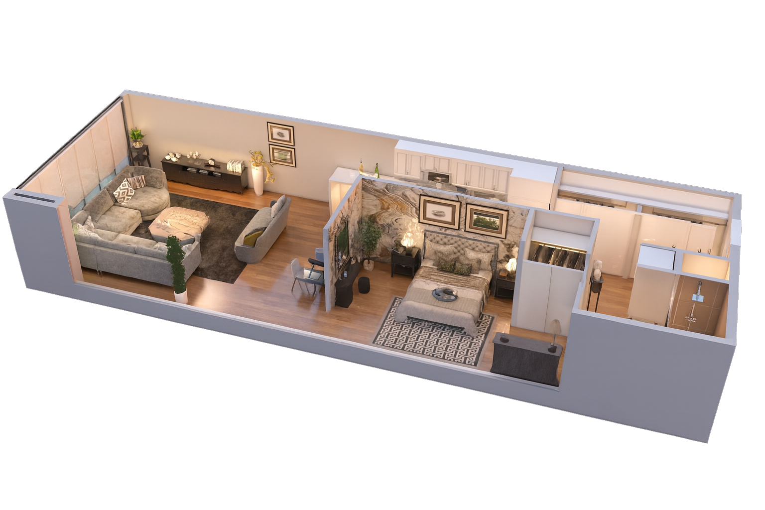 Isometric view of a modern studio apartment with living, sleeping, and kitchen areas in neutral colors.