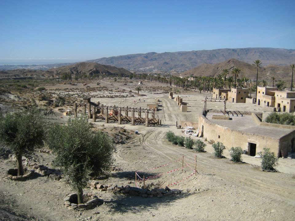 Una vista aérea de un paisaje desértico con montañas al fondo.