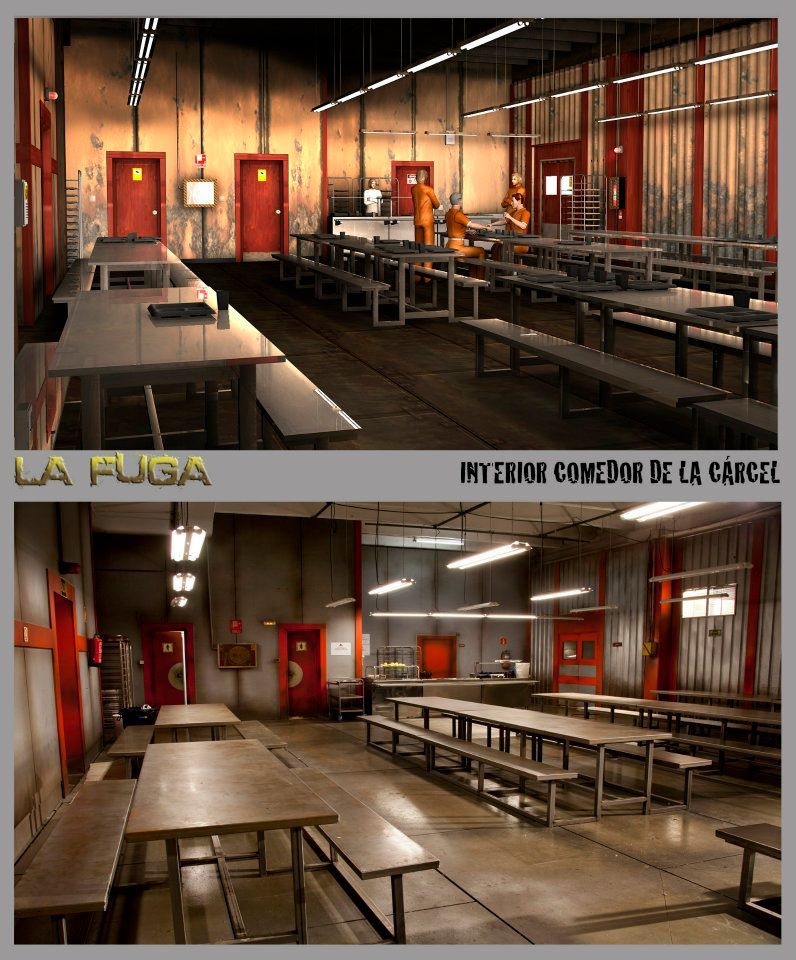 Una gran sala con mesas y bancos se llama La Fuga.