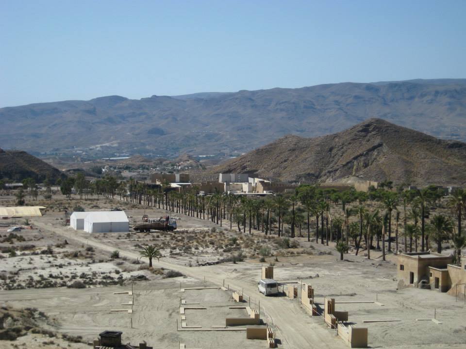 Un paisaje desértico con palmeras y montañas al fondo.