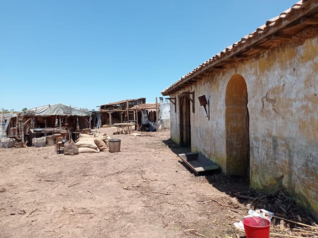 Un edificio antiguo con un cubo rojo delante.