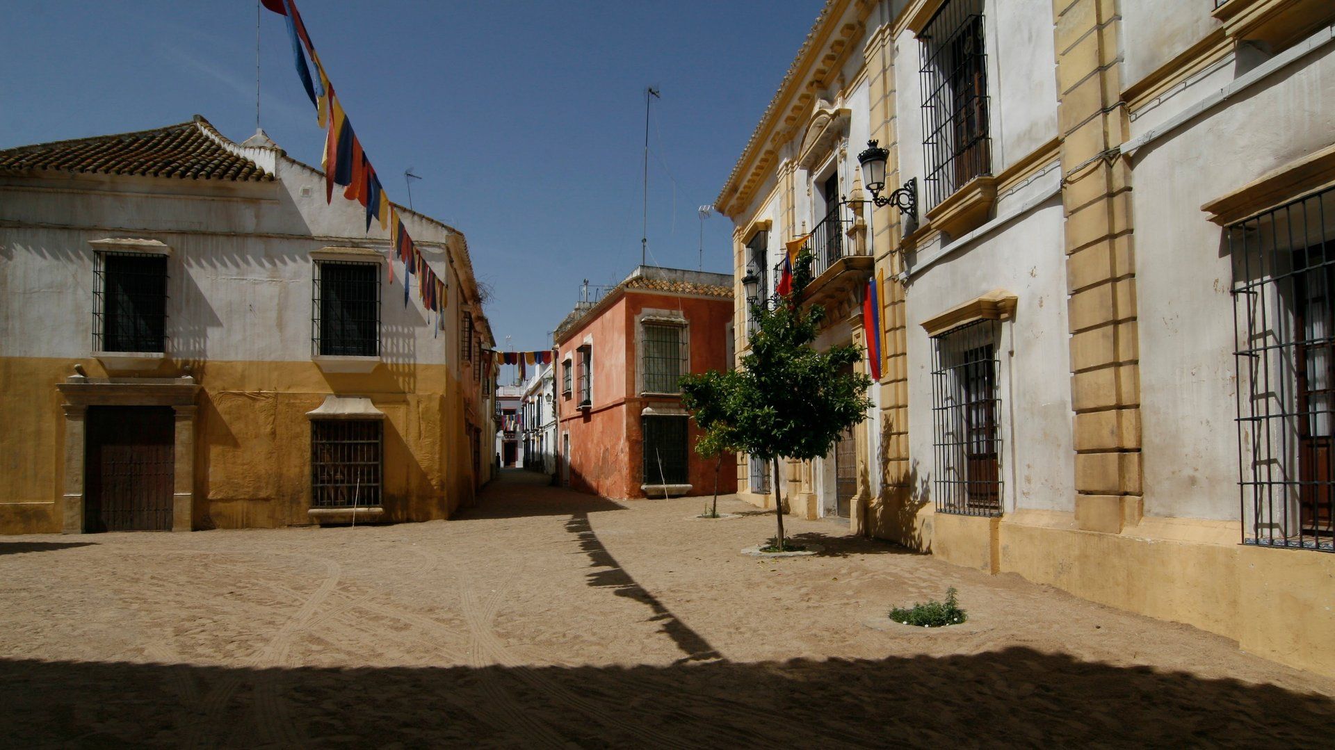 Una hilera de edificios con un árbol en el medio