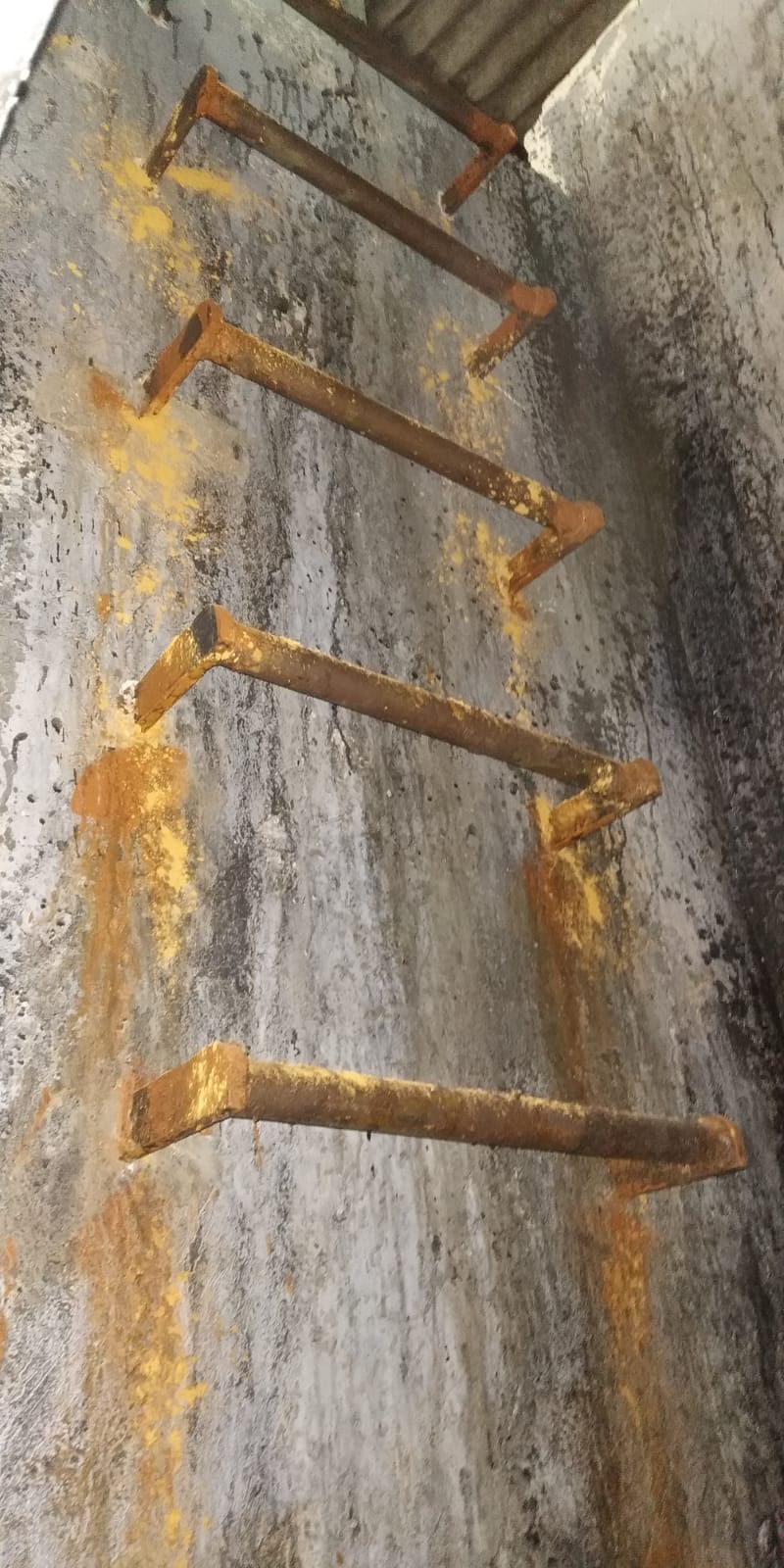 Una escalera de metal oxidada está fijada a una pared de hormigón.