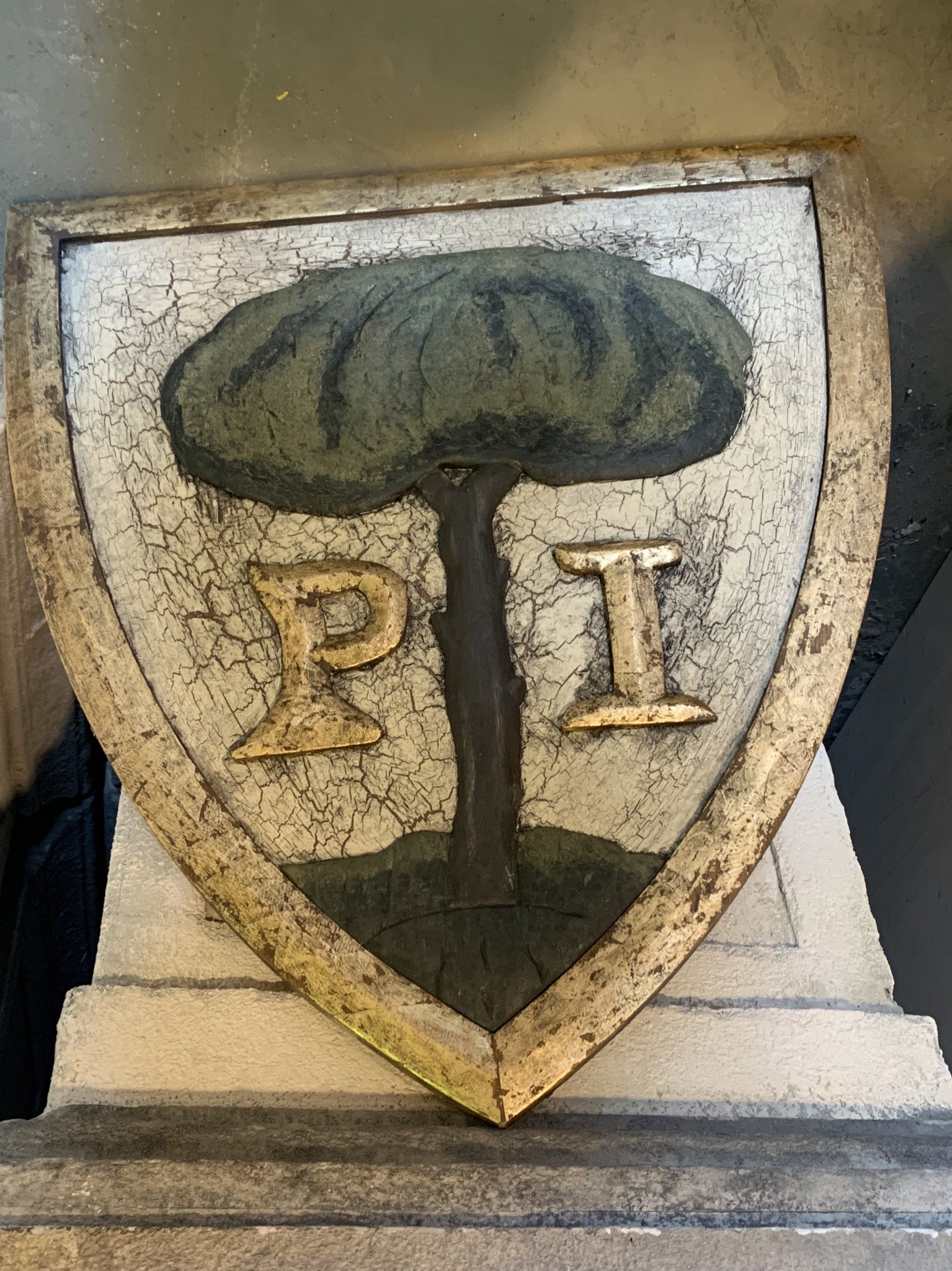 Un escudo con un árbol y las letras pi en él.