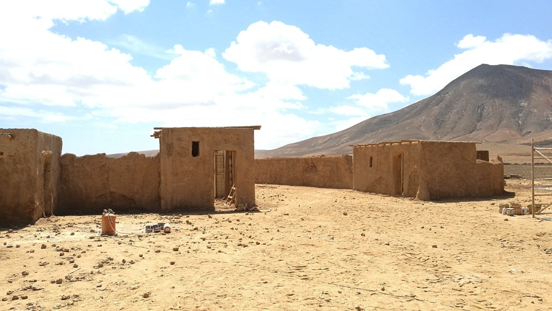 Un paisaje desértico con una montaña al fondo