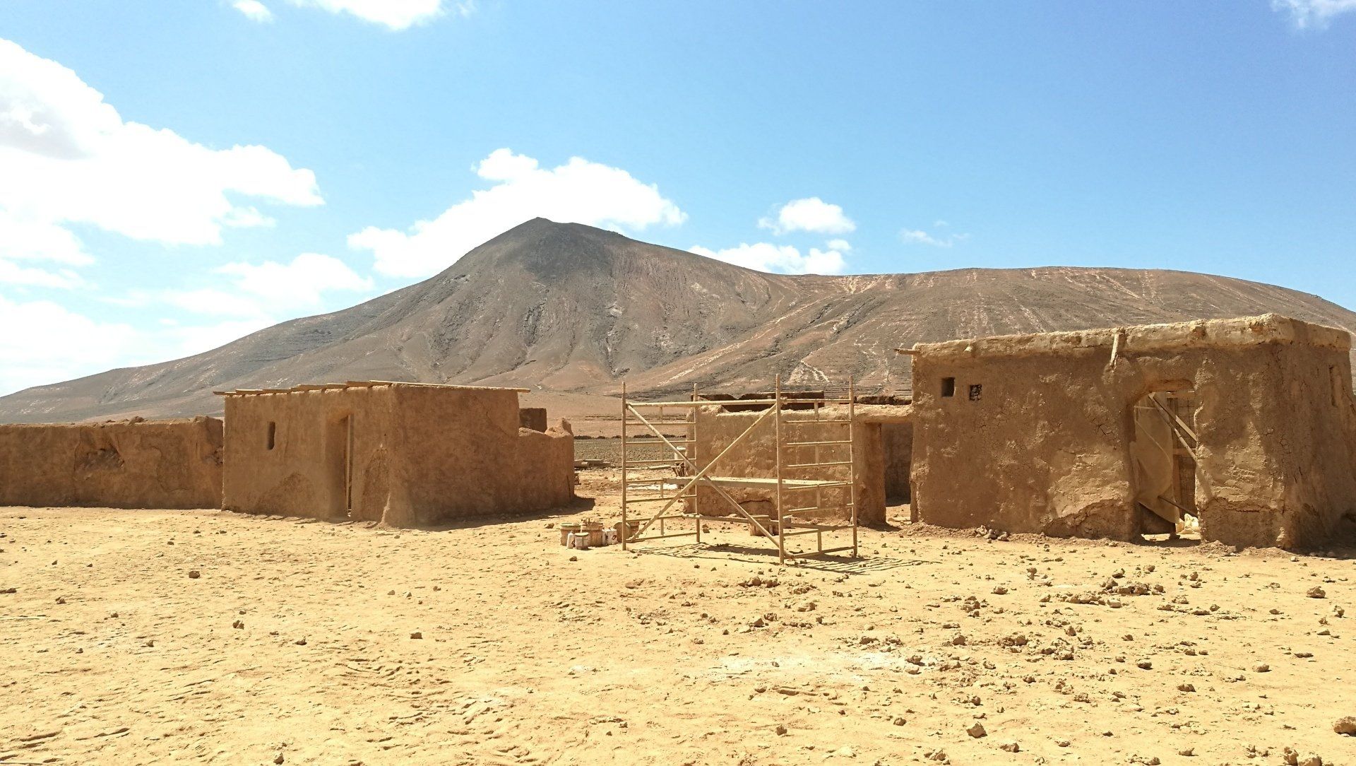 Un paisaje desértico con una montaña al fondo
