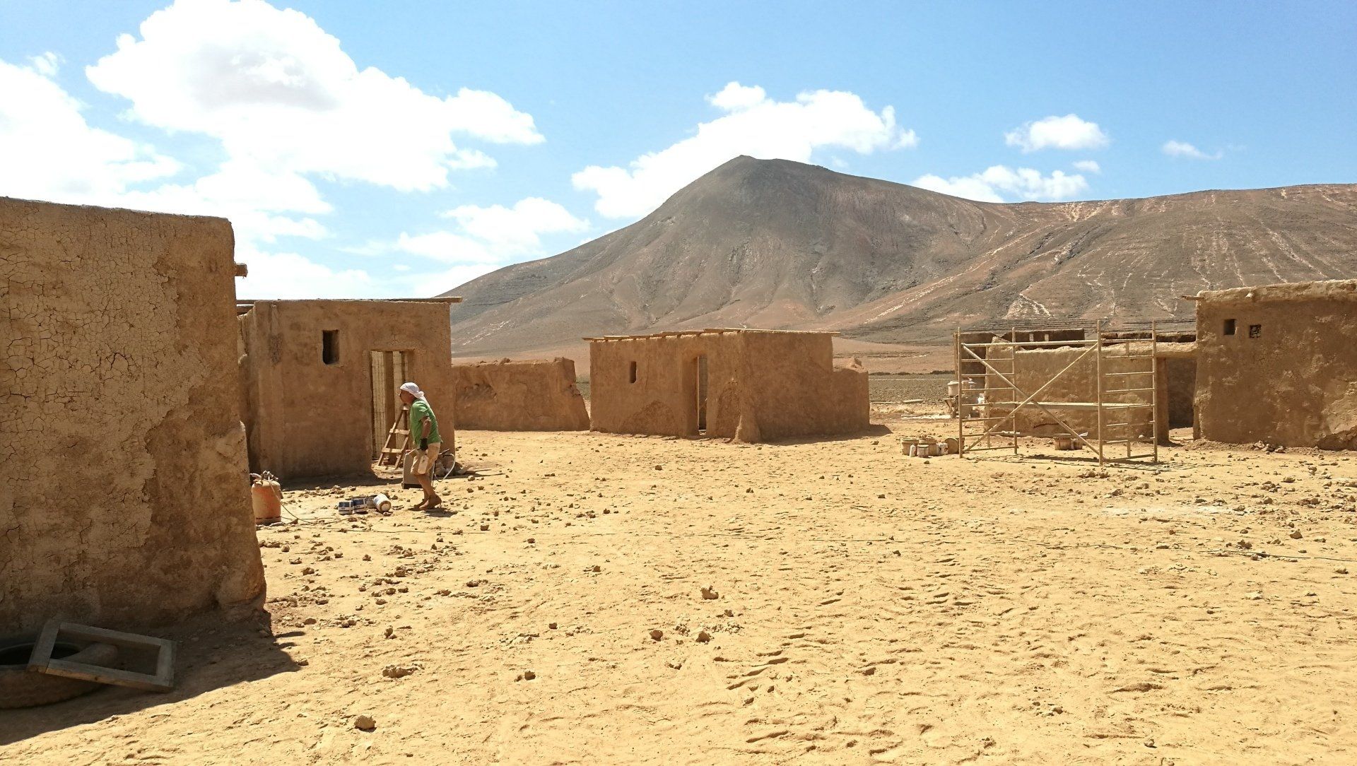 Un paisaje desértico con una montaña al fondo