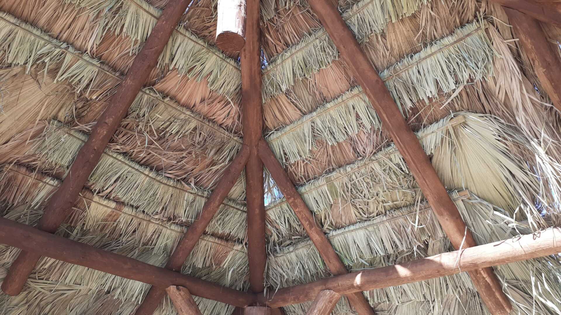 Un techo de paja con vigas de madera y una linterna colgando del techo.