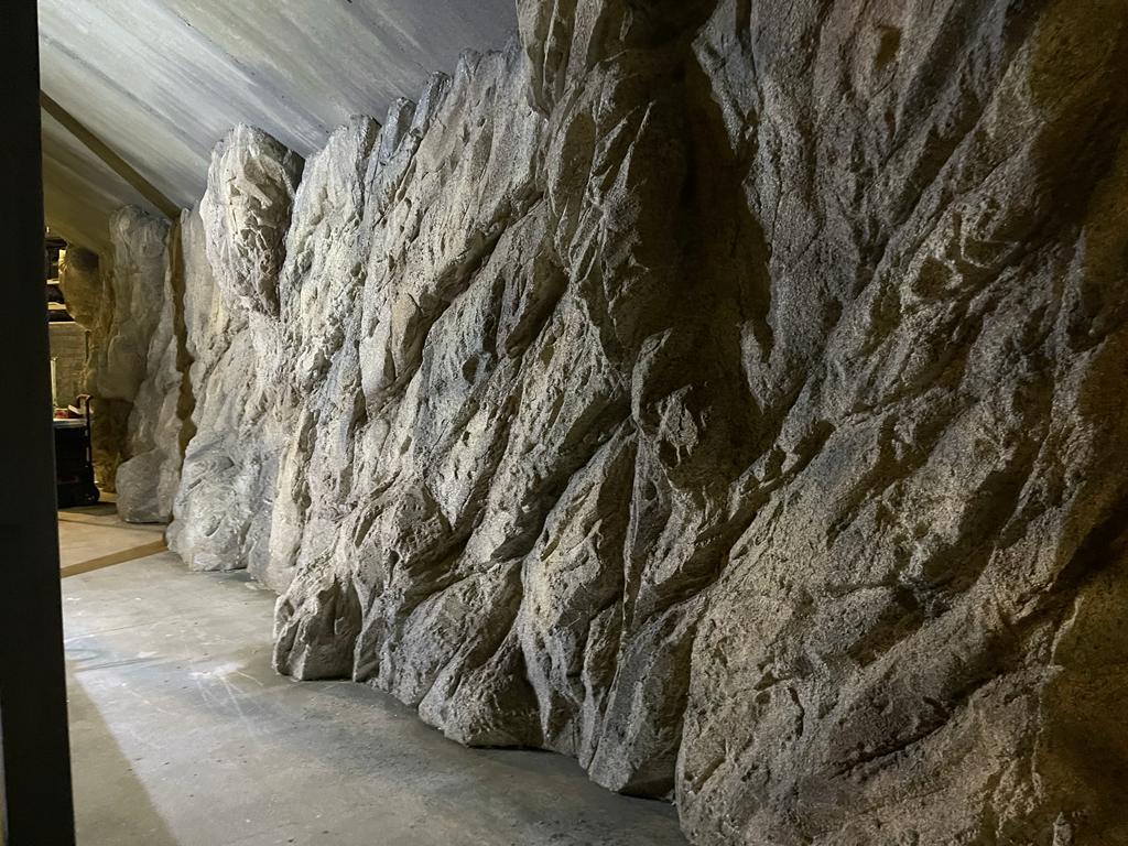 Hay una gran pared de roca en el medio de una habitación.