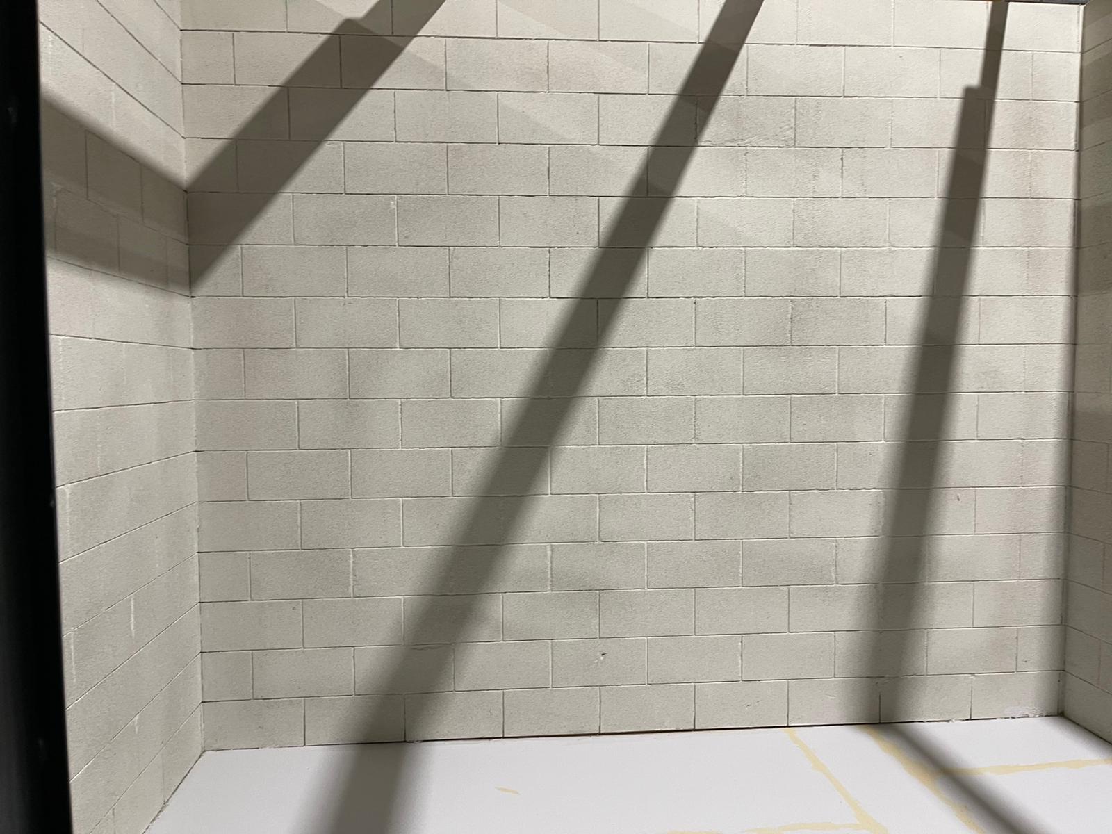 Una habitación con una pared de ladrillos y sombras en ella.