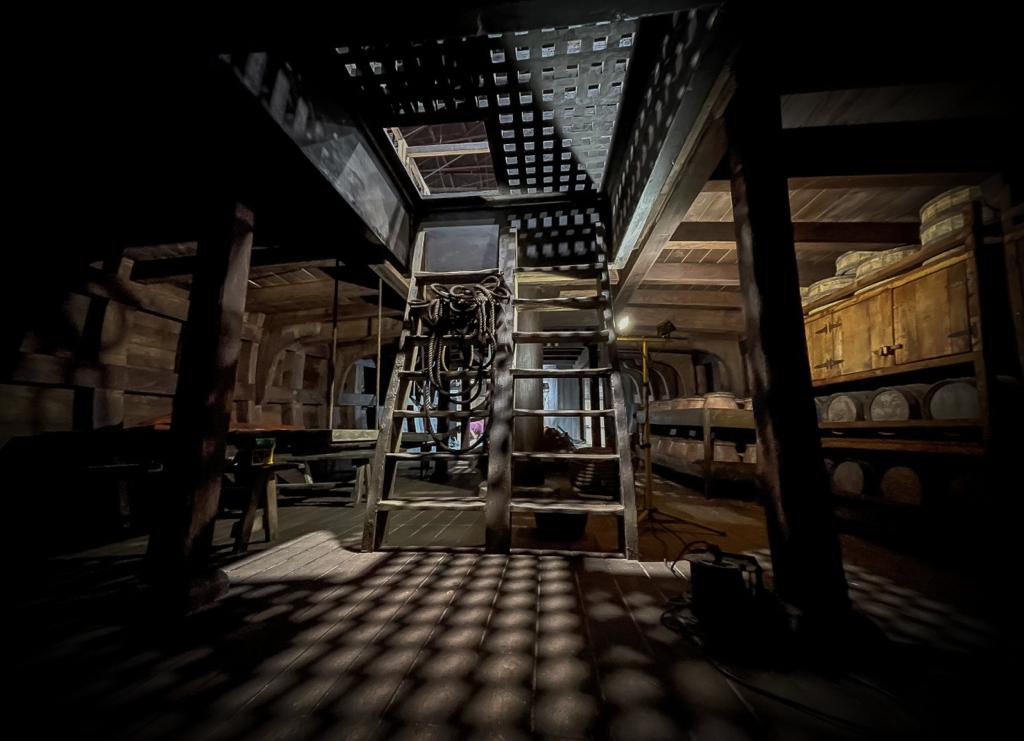 Una habitación oscura con una escalera que conduce al techo.