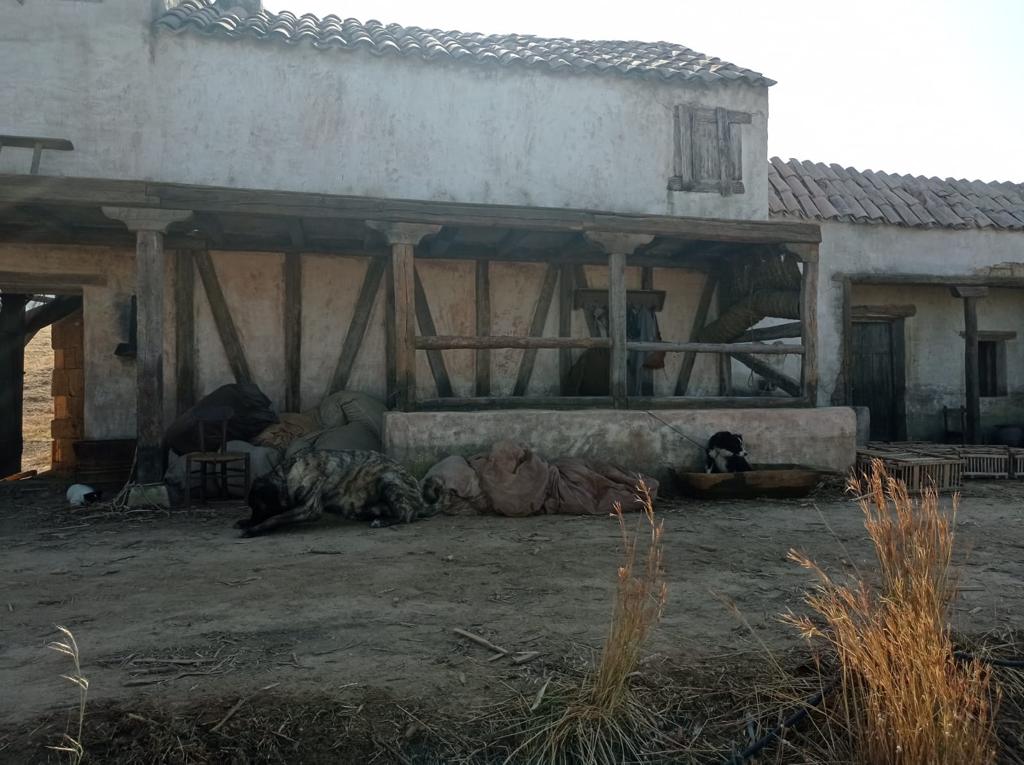 Un gran edificio blanco con techo está situado en medio de un campo de tierra.