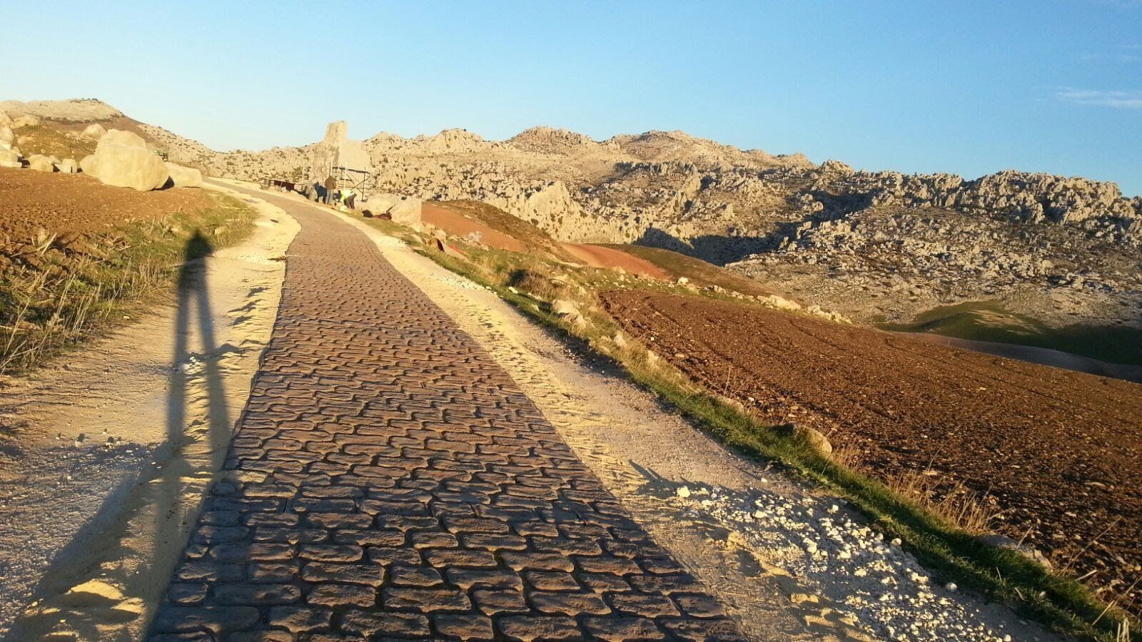 La sombra de una persona se proyecta sobre una calle adoquinada.
