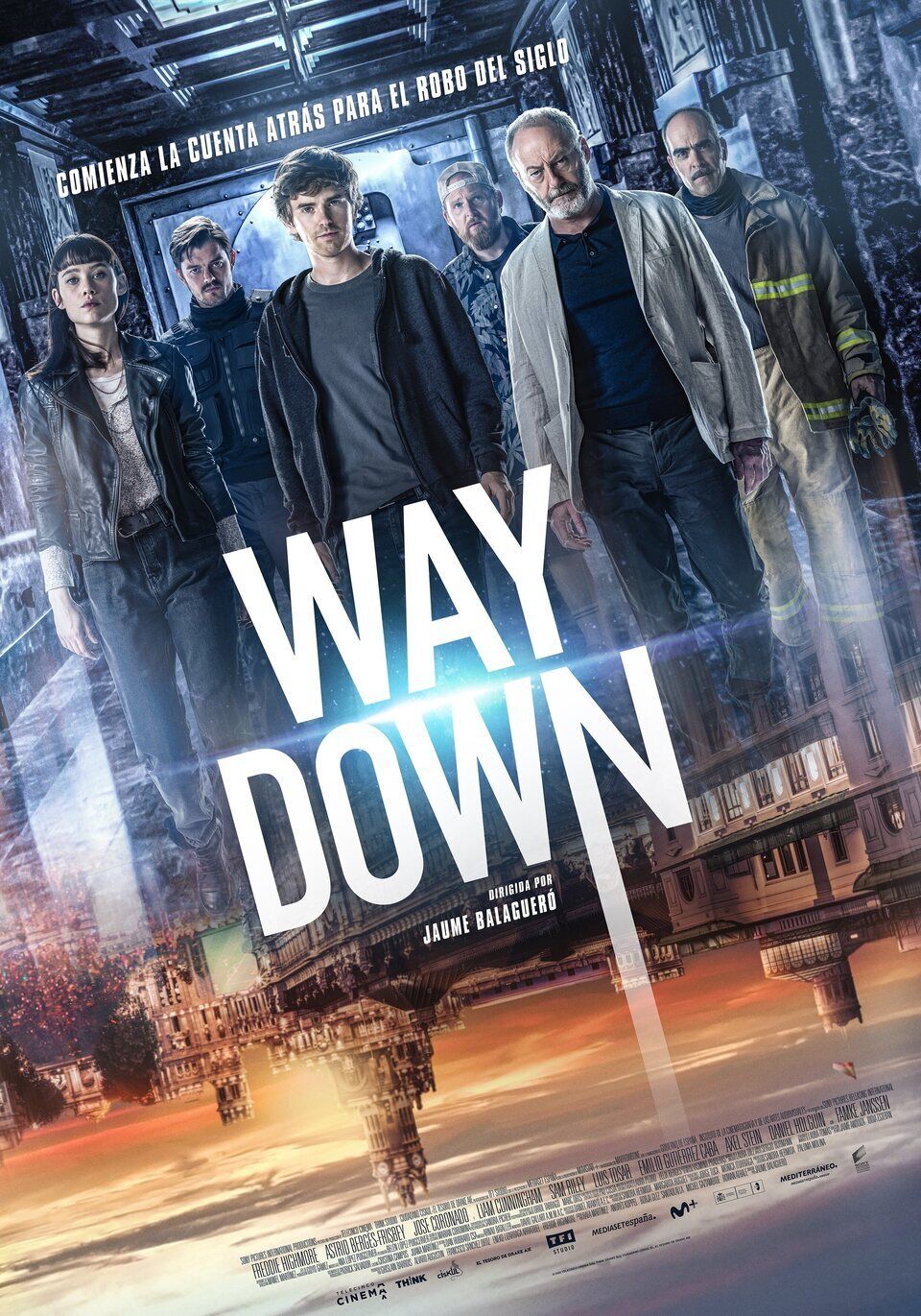 Un grupo de hombres están parados uno al lado del otro en un cartel de la película Way Down.